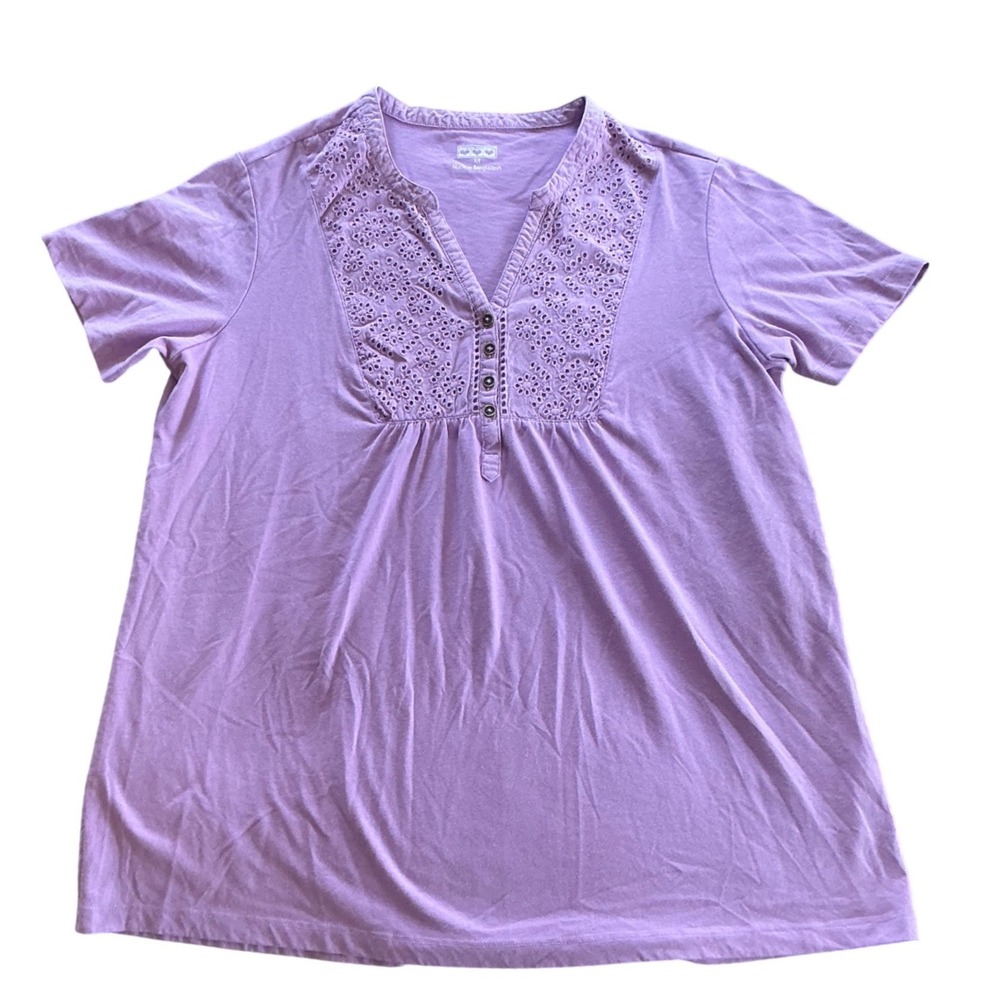 American Sweetheart Purple Eyelet Embroidered Henley Top Womens Medium Boho Tee